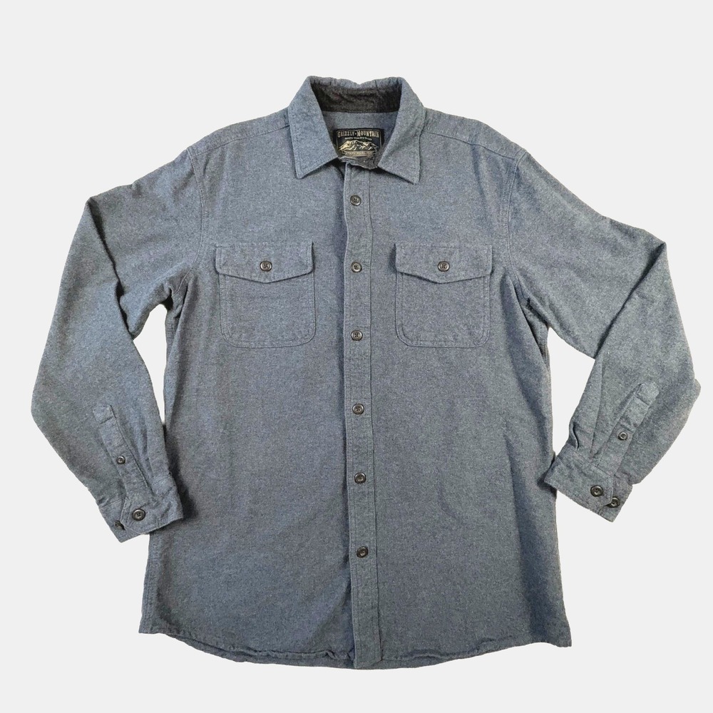 Grizzly Mountain Mens L Blue Cotton Flannel Button Up Utility Workwear Shirt